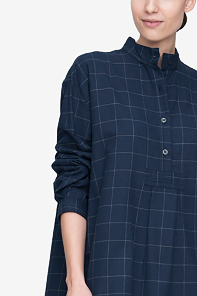 Short Sleep Shirt Navy Windowpane Flannel