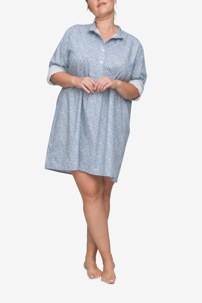 front view classic short sleep shirt Plus size in blue drawn flowers cotton by the Sleep Shirt