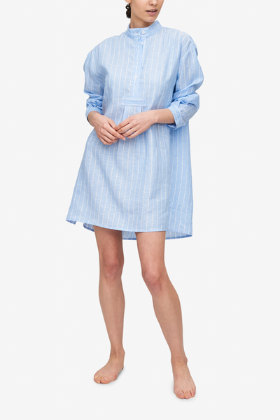 front view classic short sleep shirt blue with white stripe linen by the Sleep Shirt