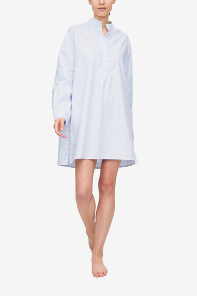 front view classic short sleep shirt blue white stripe cotton pink purple crosses by the Sleep Shirt