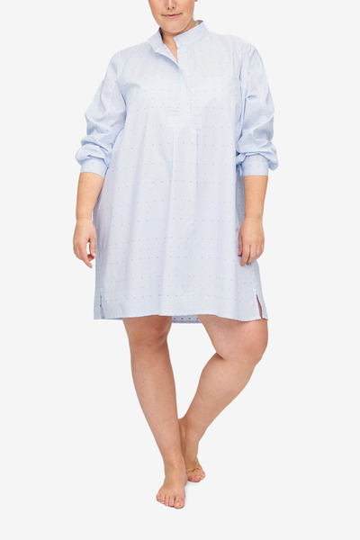 front view classic short sleep shirt blue white stripe cotton with pink purple crosses by the Sleep Shirt