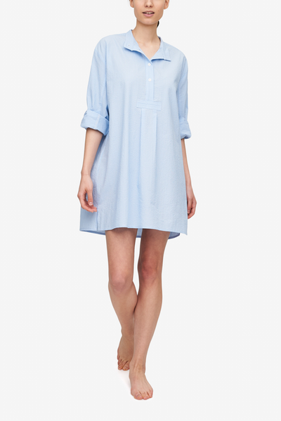 front view classic short sleep shirt blue white stripe seersucker cotton by the Sleep Shirt