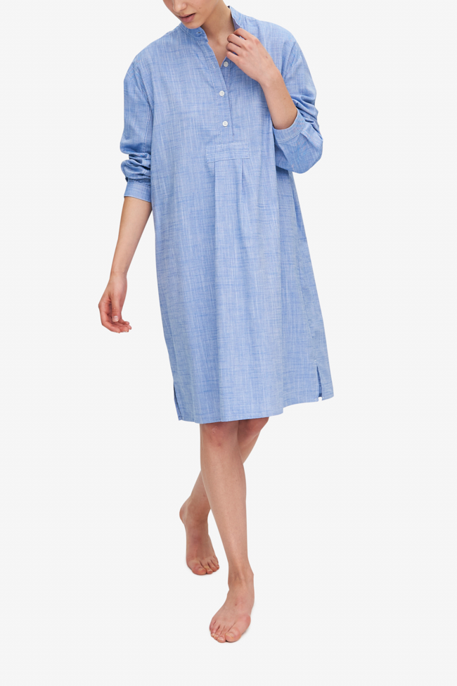 front view classic long sleep shirt blue dobby cotton by the Sleep Shirt