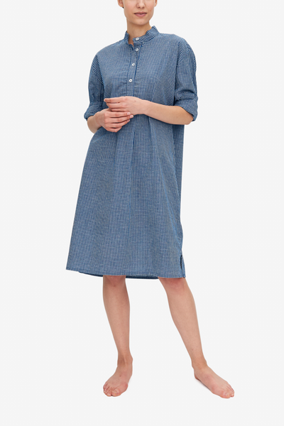 front view classic long sleep shirt blue and white check cotton linen blend by the Sleep Shirt