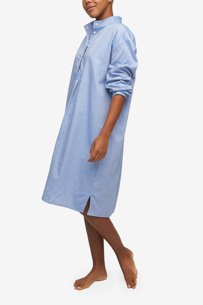 Long Sleep Shirt made from a blue oxford cotton, a robust yet comfortable fabric. Falls below the knee with long, cuffed sleeves. 
