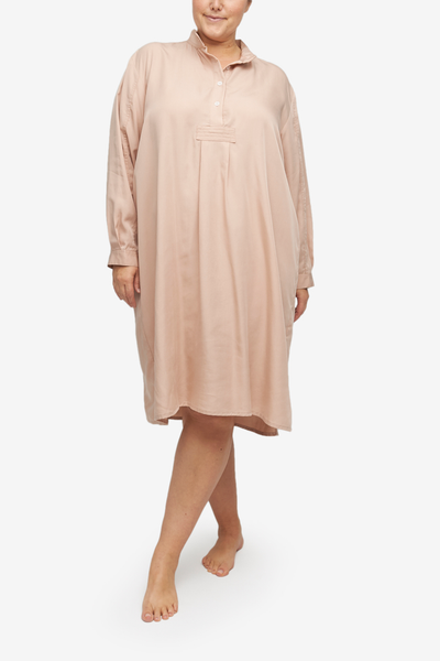 Plus Size Long Sleep Shirt in a blush pink tencel fabric. Long, cuffed sleeves and a stand collar make this chic  without losing comfort. 