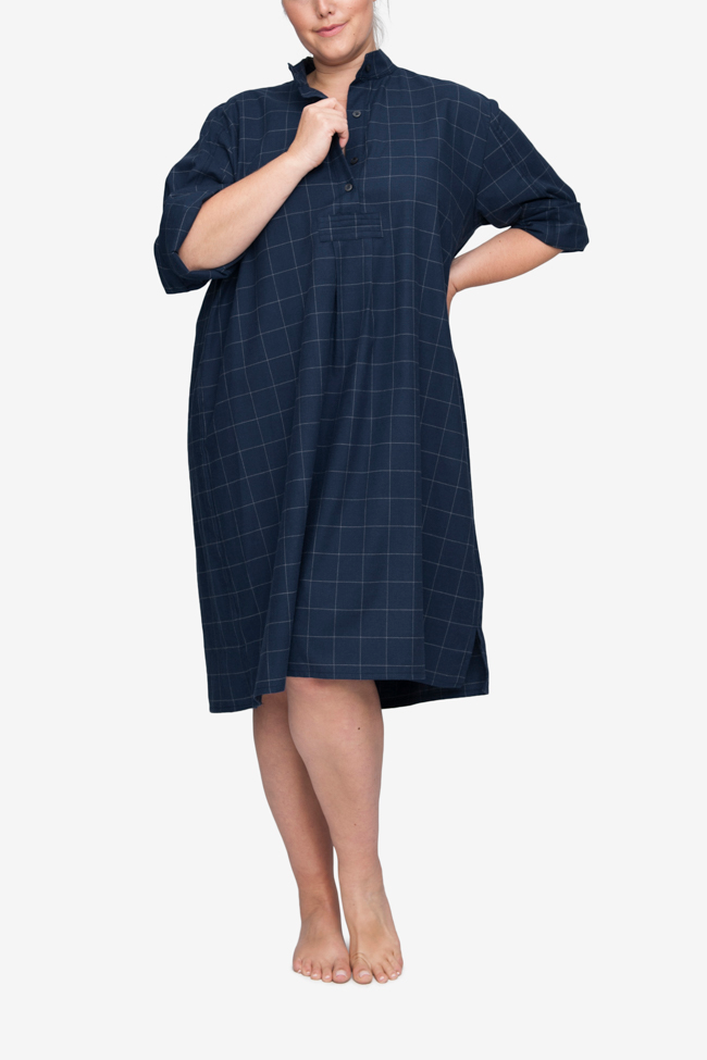 front view classic long sleep shirt plus size navy windowpane flannel cotton by the Sleep Shirt