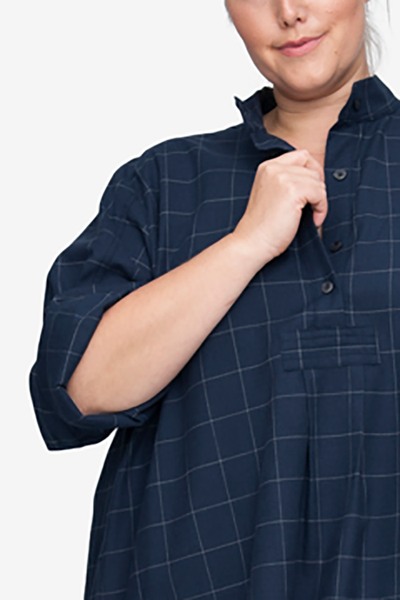 Long Sleep Shirt Navy Windowpane Flannel PLUS