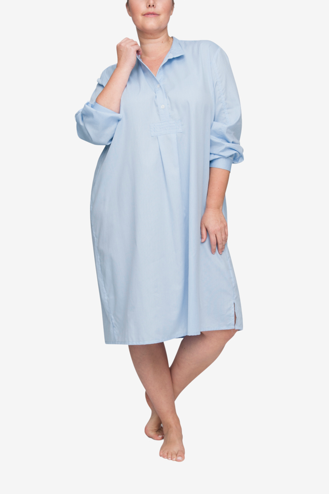 front view classic long sleep shirt plus size soft blue stripe cotton by the Sleep Shirt