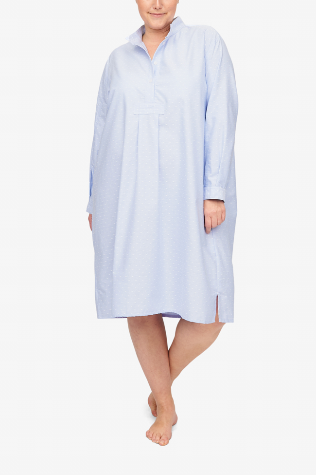 front view classic long sleep shirt plus size blue and white oxford dot cotton by the Sleep Shirt