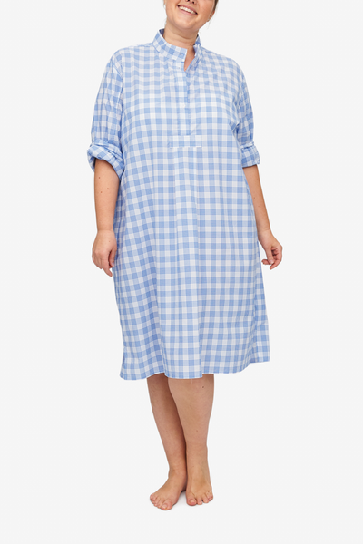 front view classic long sleep shirt plus size blue and white plaid cotton by the Sleep Shirt