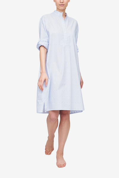 front view classic long sleep shirt blue oxford dot cotton by the Sleep Shirt