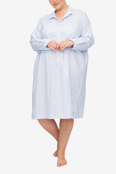 front view classic long sleep shirt plus size blue and white stripe with pink purple crosses cotton by the Sleep Shirt