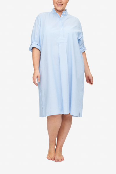 front view classic long sleep shirt blue with white stripe seersucker cotton by the Sleep Shirt