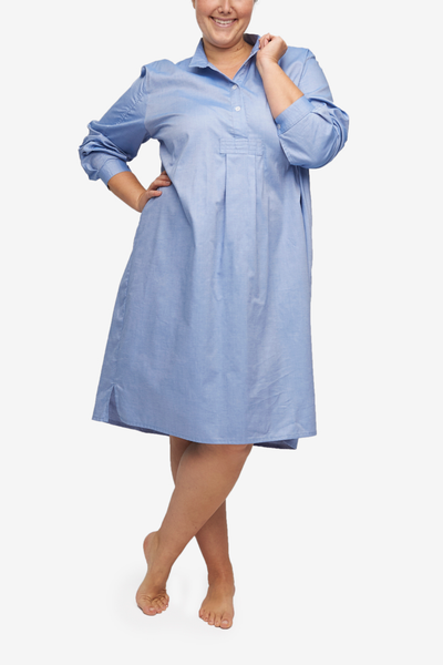 Plus Size Long Sleep Shirt in a blue cotton shirting. Makes looking put togetherall the more simple. Roll out of bed and get on that work call without a second thought. 