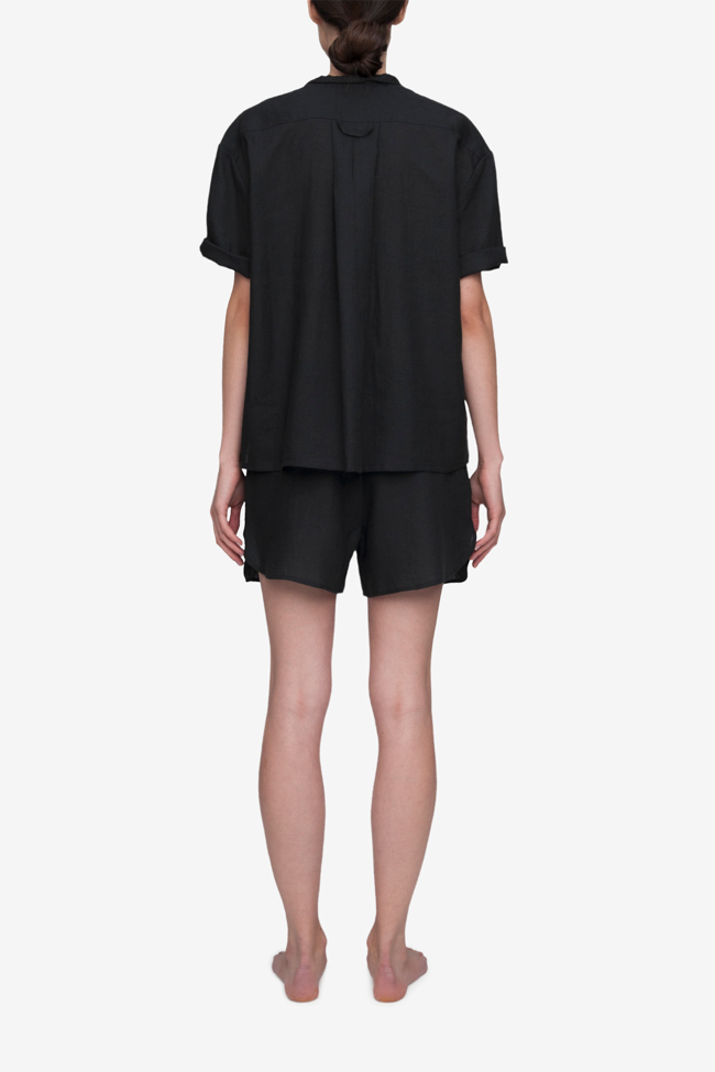 Set - Short Sleeve Cropped Sleep Shirt and Curved Hem Short Black Linen