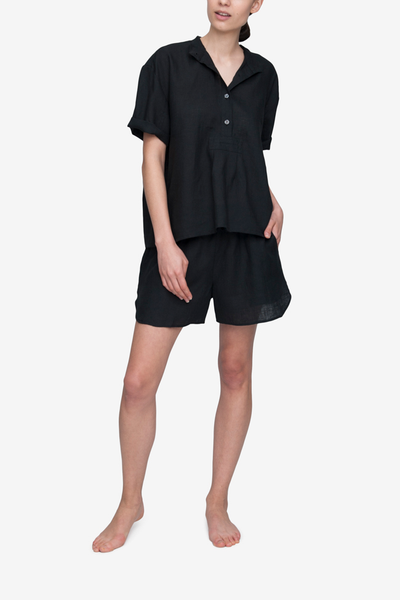 front view buttoned t-shirt top short with drawstring shorts pyjama set black linen by the Sleep Shirt