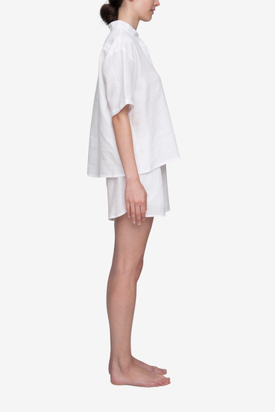 Set - Short Sleeve Cropped Sleep Shirt and Curved Hem Short White Linen