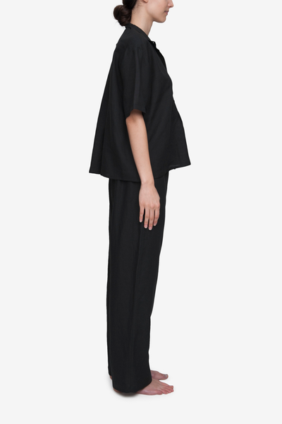 Short Sleeve Cropped Sleep Shirt Black Linen