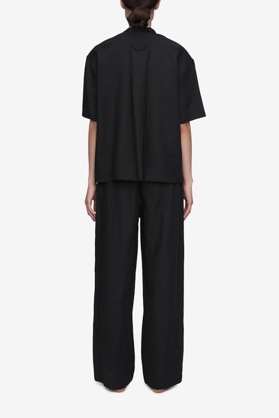 Set - Short Sleeve Cropped Sleep Shirt and Lounge Pant Black Linen