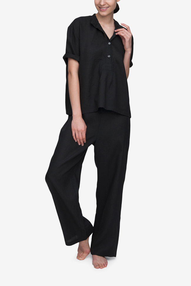 front view short sleeve t-shirt lounge pants pyjama set in black linen by The Sleep Shirt