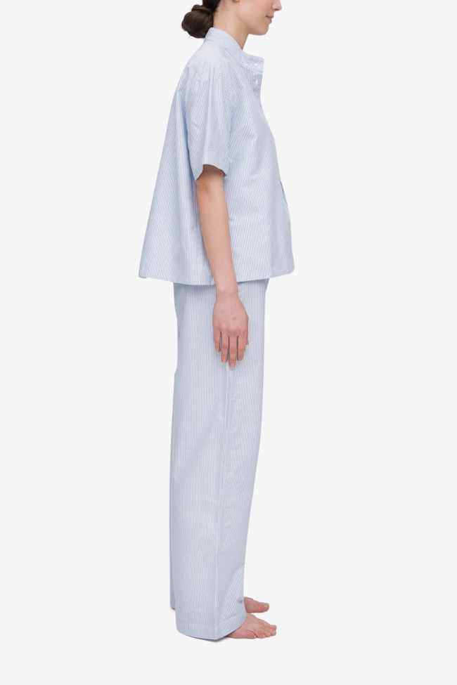 Set - Short Sleeve Cropped Sleep Shirt and Lounge Pant Blue Oxford Stripe