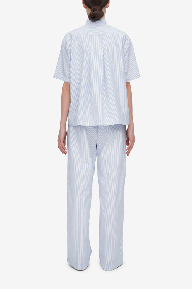 Set - Short Sleeve Cropped Sleep Shirt and Lounge Pant Blue Oxford Stripe