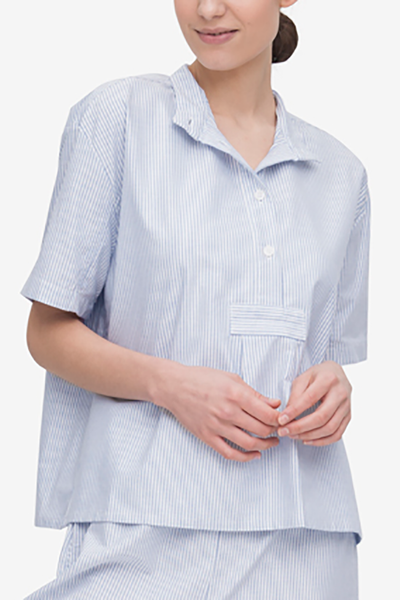 Set - Short Sleeve Cropped Sleep Shirt and Lounge Pant Blue Oxford Stripe