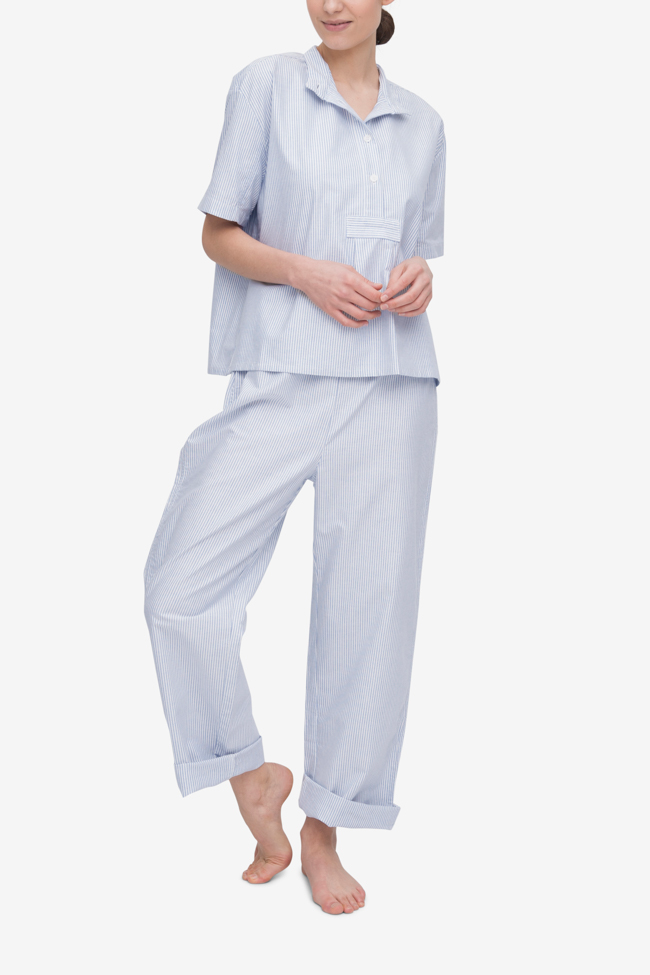 Set - Short Sleeve Cropped Sleep Shirt and Lounge Pant Blue Oxford Stripe