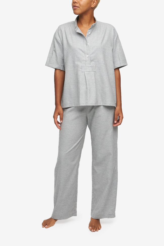 Short Sleeve Cropped Shirt Grey Twill Cashmere Blend