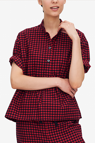 front view short sleeve sleep shirt red and black buffalo check cotton by the Sleep Shirt