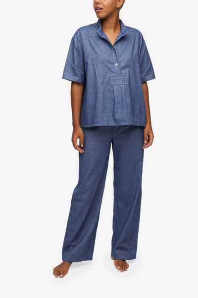 Women's sleepwear set included short sleeve popover top and matching elastic waist pants. Made from a high-quality blue cotton flannel.