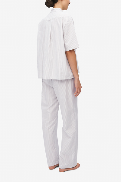 Short Sleeve Cropped Sleep Shirt Dove Grey Stripe Flannel
