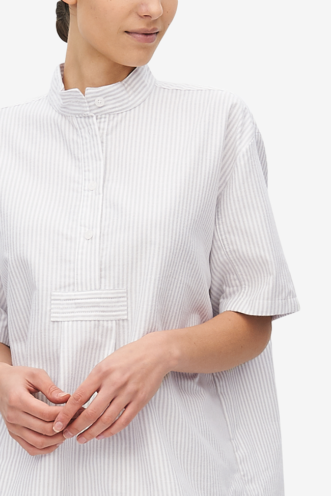 Short Sleeve Cropped Sleep Shirt Dove Grey Stripe Flannel