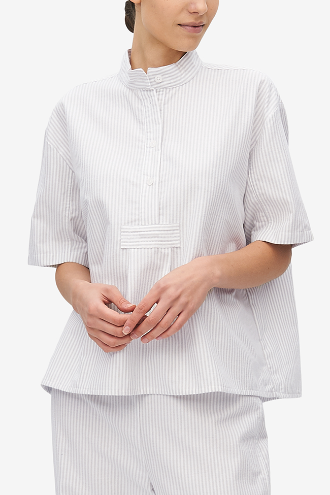 Short Sleeve Cropped Sleep Shirt Dove Grey Stripe Flannel