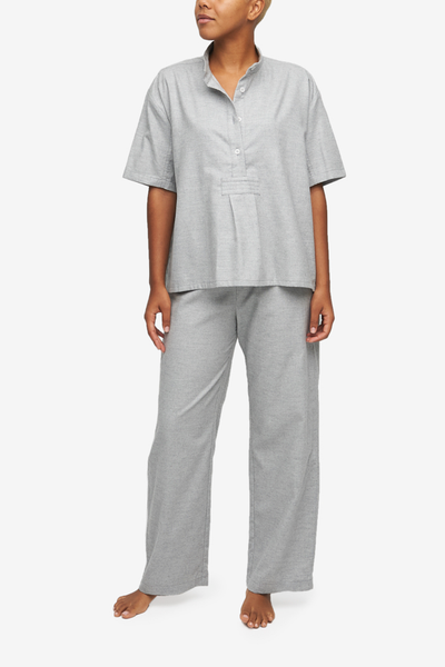 The Sleep Shirt's best-selling pyjama set in a beautiful cotton and cashmere blend, now in a light grey. Shirt Sleeve top and pant set.