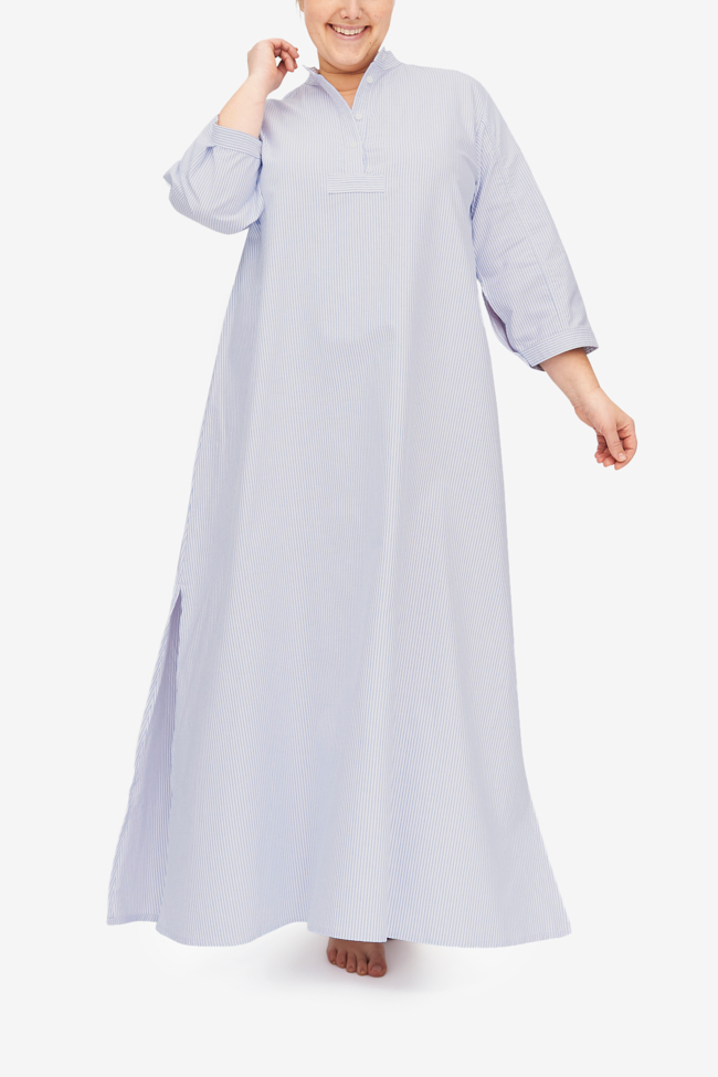Floor-length Sleep Shirt Chemise in blue and white striped oxford cotton. Three-quarter sleeves and a stand collar. 