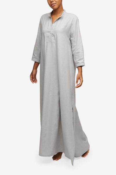 Floor length chemise with side slits, three quarter placket and sleeves. Made in a light weight grey cotton shirting.