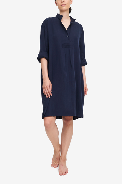 Below the knee length sleep shirt with long sleeves. Lightweight tencel in a deep indigo blue with a silky finish.