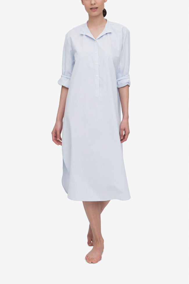 Ankle Length Sleep Shirt Blue & White Seersucker
