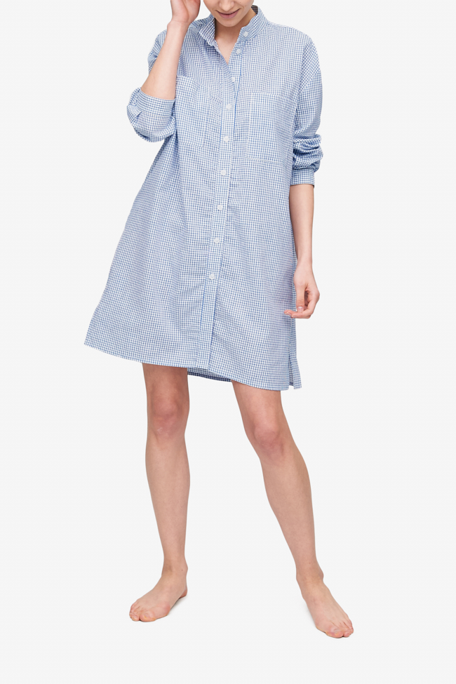 front view sleep shirt with placket blue and white check cotton linen blend by The Sleep Shirt