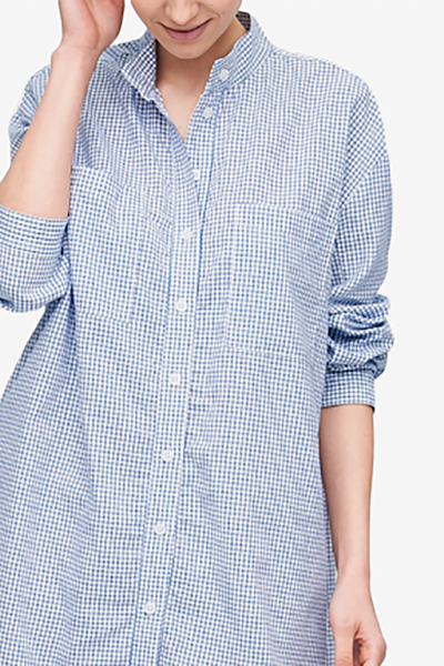 Placket Sleep Shirt Blue Check Linen Blend