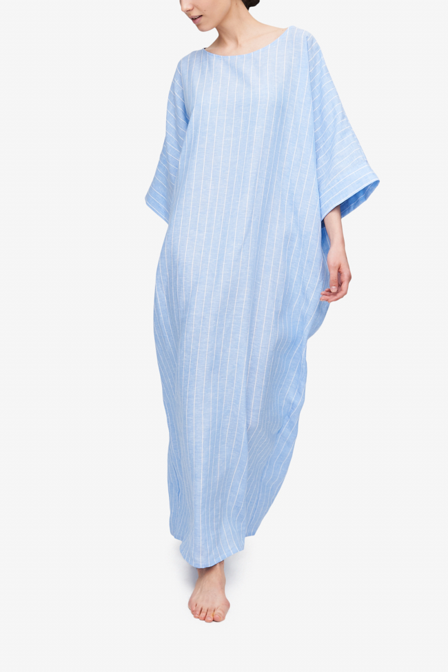 front view oversized kaftan blue with white stripe linen by The Sleep Shirt