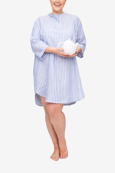 front view plus size slip on sleep shirt in blueberry linen stripe by The Sleep Shirt