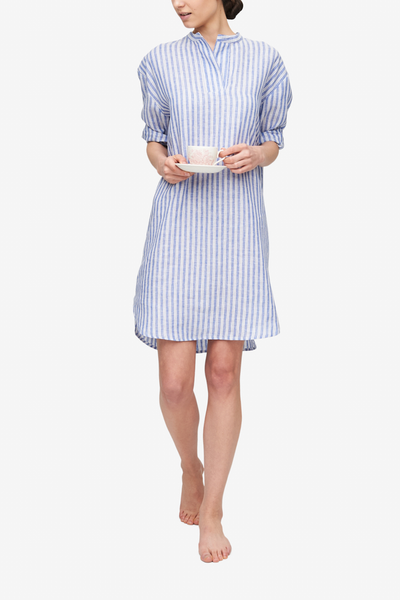 front view slip on sleep shirt in blueberry linen stripe by The Sleep Shirt