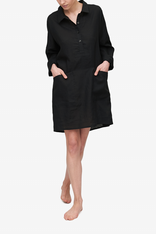 Dropped Shoulder Sleep Shirt Black Linen