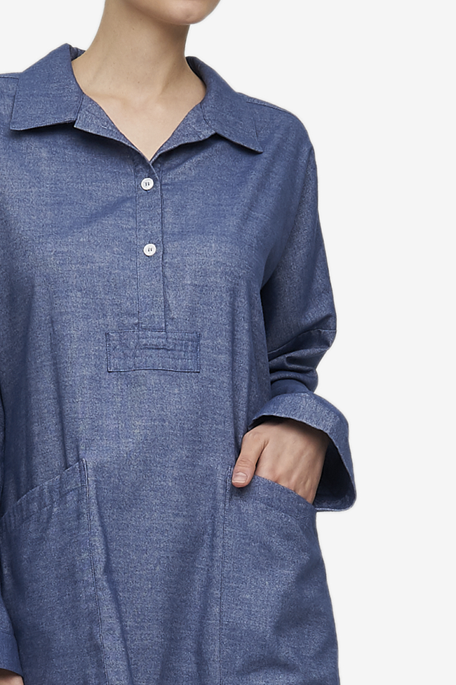 Dropped Shoulder Sleep Shirt Navy Twill Flannel