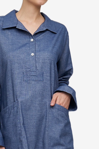 Dropped Shoulder Sleep Shirt Navy Twill Flannel