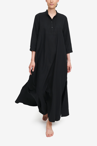 Floor length chemise in black cotton flannel with three quarters sleeves and placket. Slips on easily, modest sleepwear.