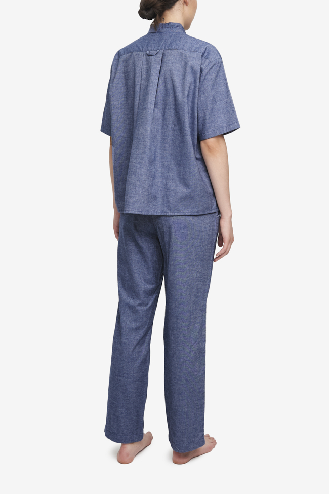 Set - Short Sleeve Cropped Sleep Shirt and Slash Pocket Pant Navy Twill Flannel